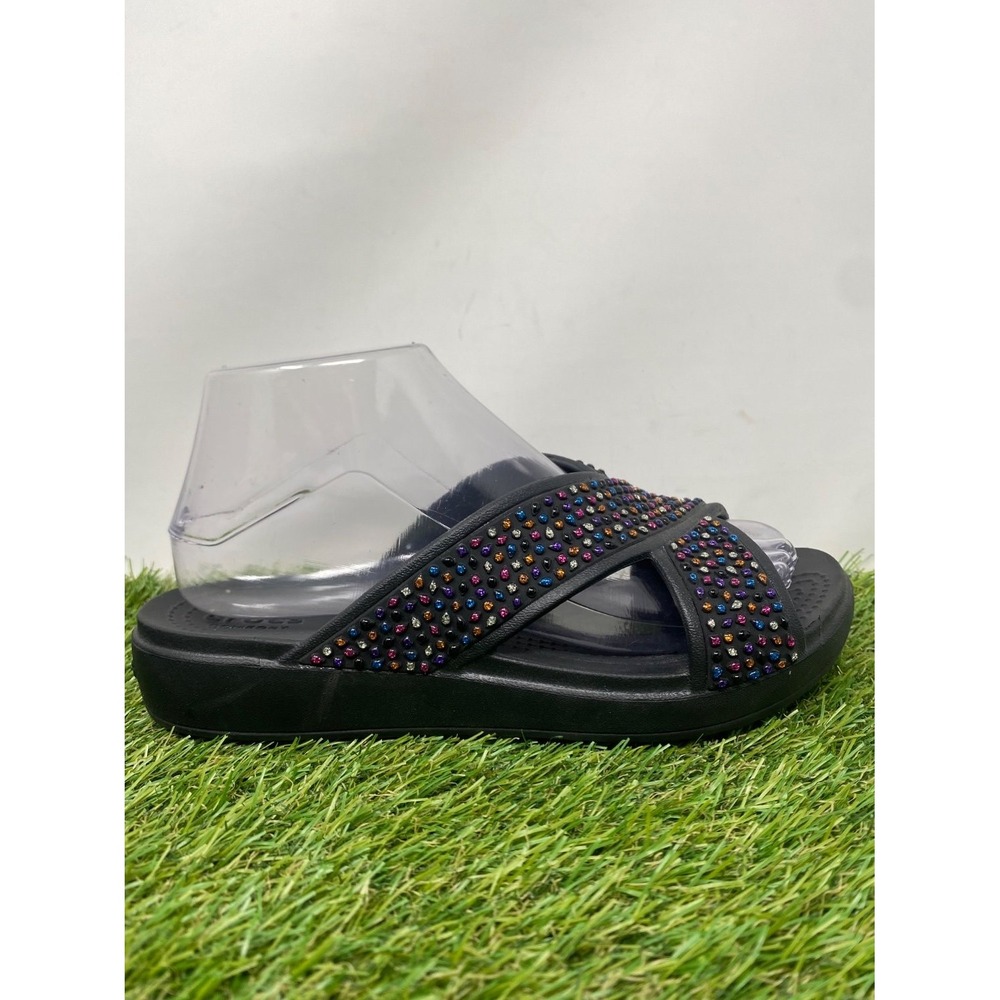 Crocs Sloane Sandals Womens 7 Black Diamante Embellished X Strap Slide Comfort
